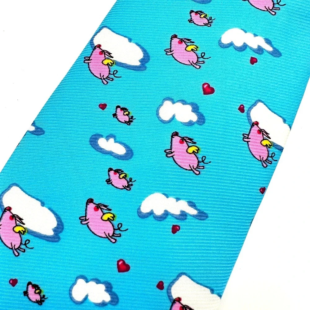Flying Pig‎ Necktie Mens Blue Pink John William Eternal Optimist Polyester Tie